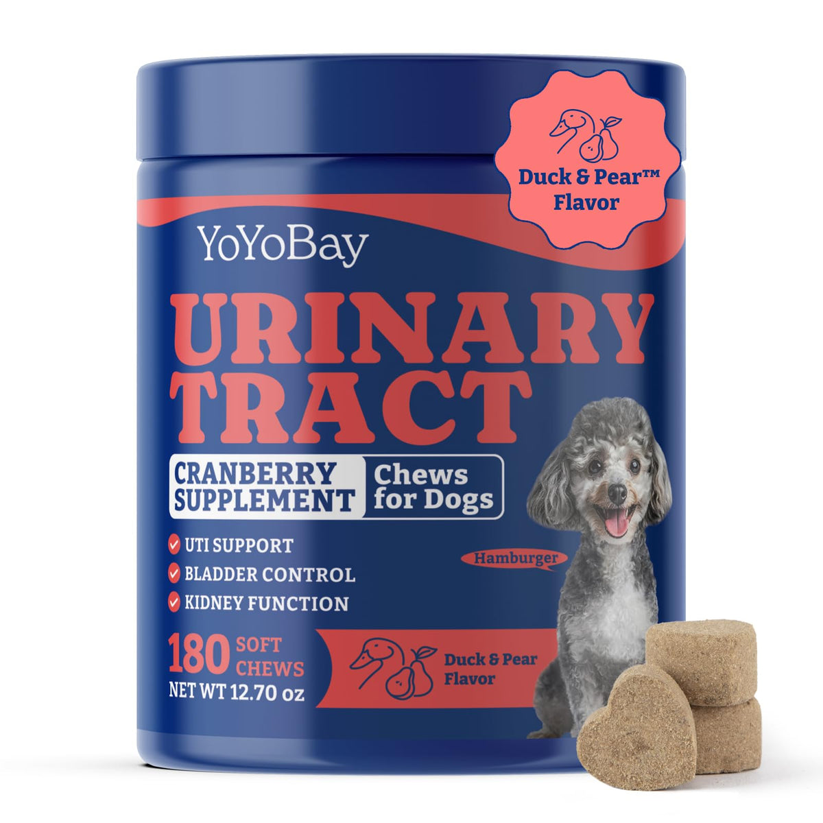 YoYoBay Dog UTI chews bottle closeup shows 180-count supply for bladder support.