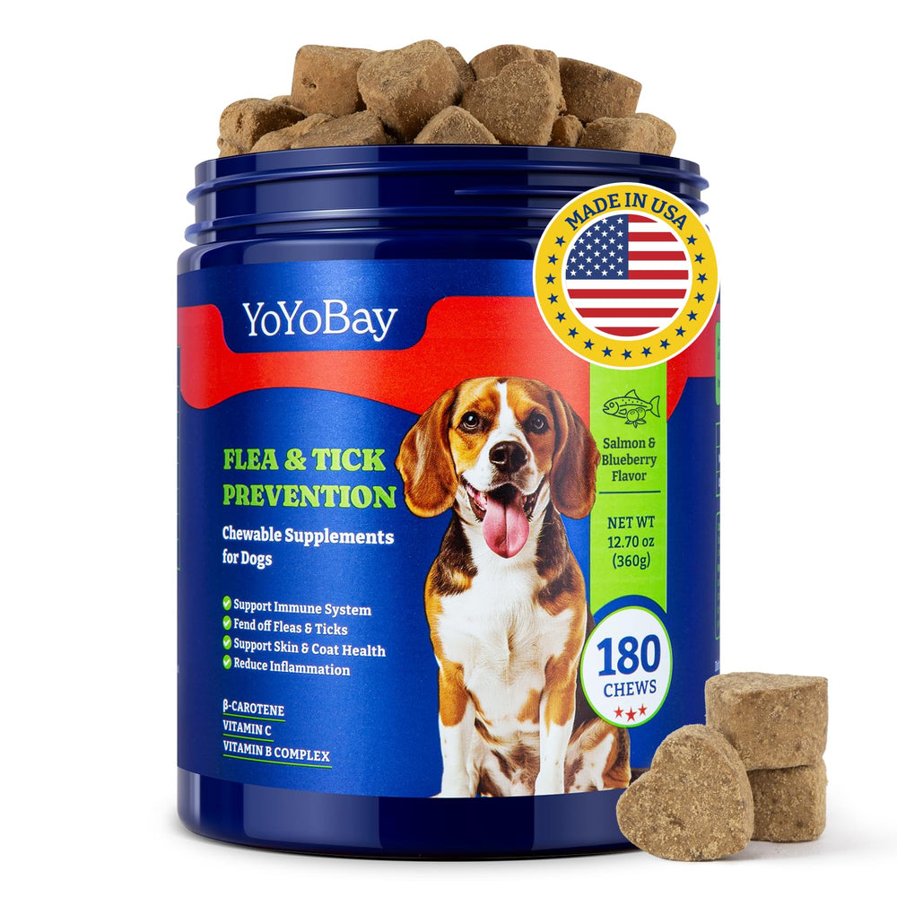 YoYoBay flea-tick chews bottle shows natural protection for dogs against pests.