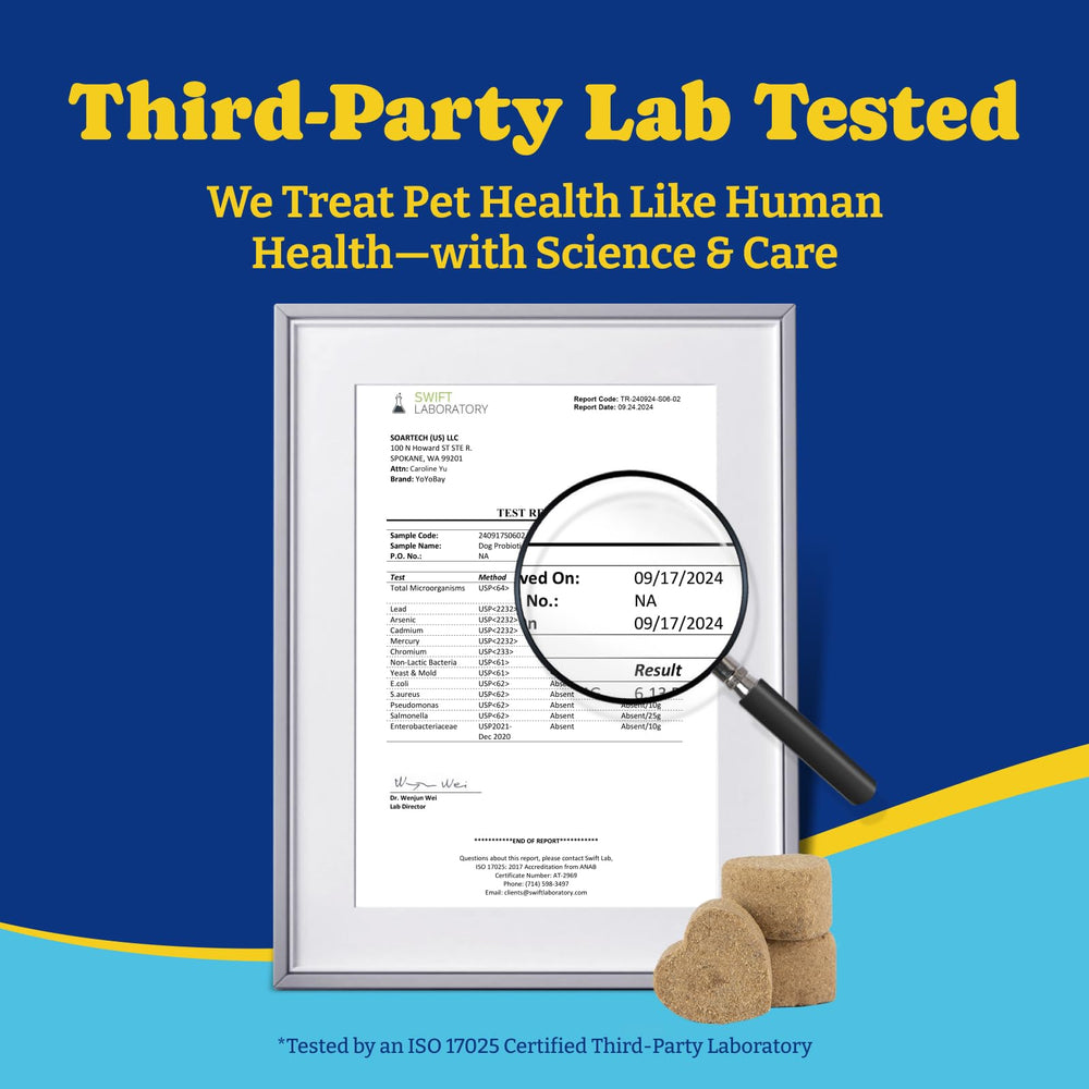 YoYoBay probiotics for dogs label close-up showing CFUs and blend for gut balance