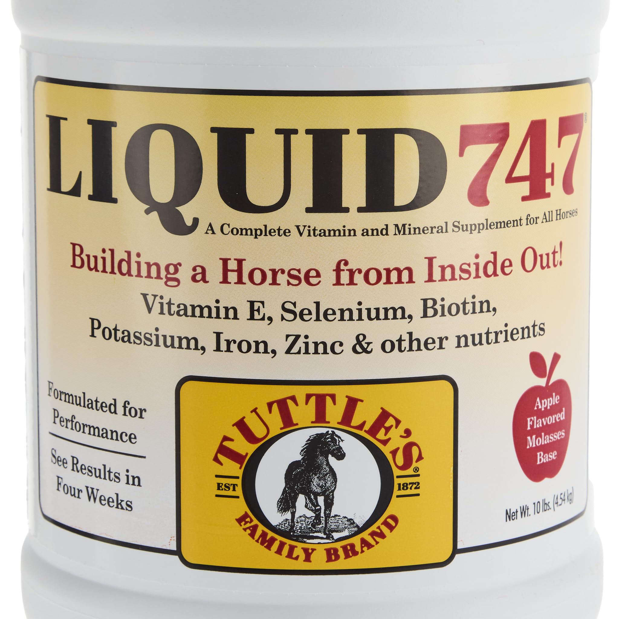 YTEX Equine D GAL Tuttles Liquid 747 being poured emphasizes appetite and conditioning.