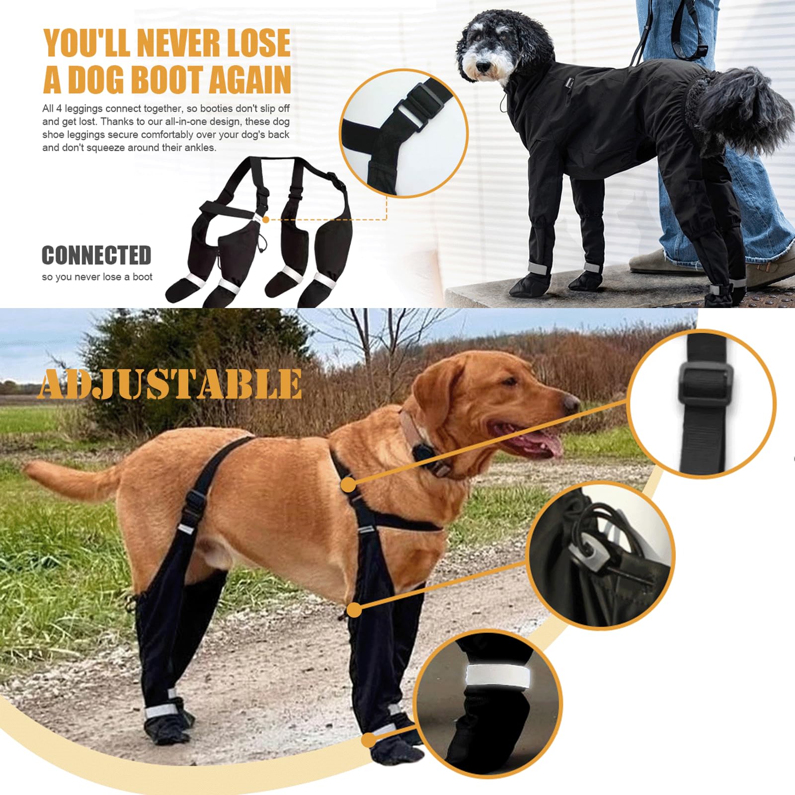 yucca dog suspender booties front view highlights waterproof layer for snowy walks.