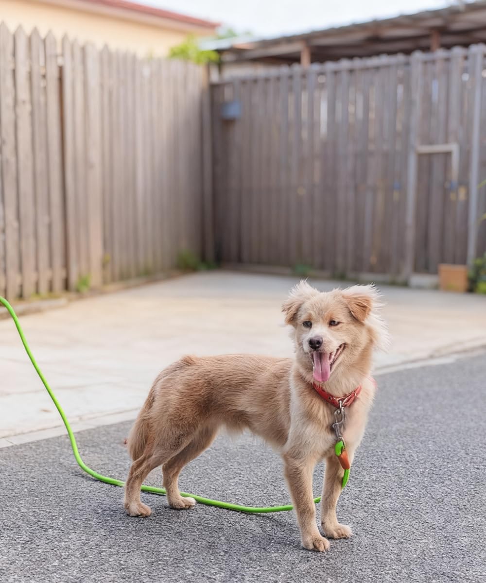 YUCFOREN pink color tie-out leash adds playful training style.