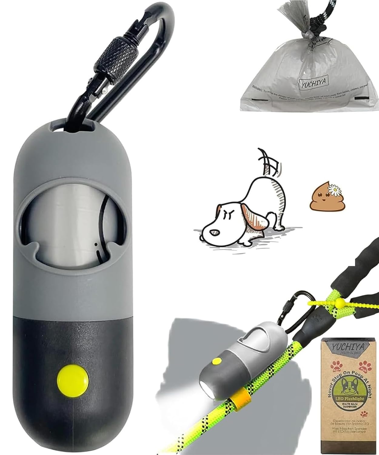 YUCHIYA poop bag dispenser with LED flashlight for clear night visibility during walks.