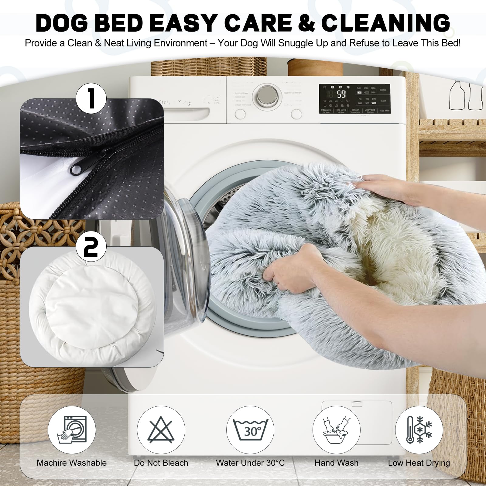YUDANSI Calming Bed packaging fluffing shows how to restore plush after delivery.