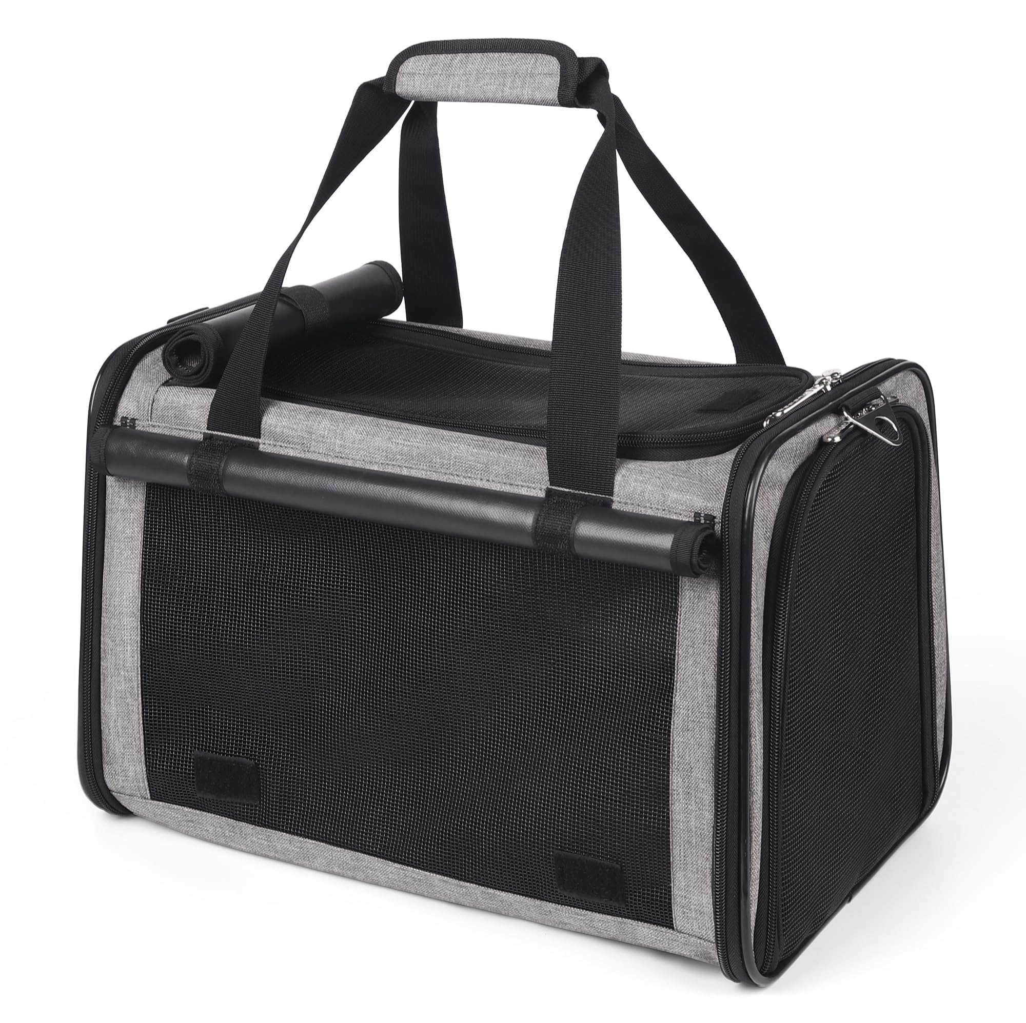 YUDODO 25lbs soft-sided carrier front view shows travel-friendly design in grey.