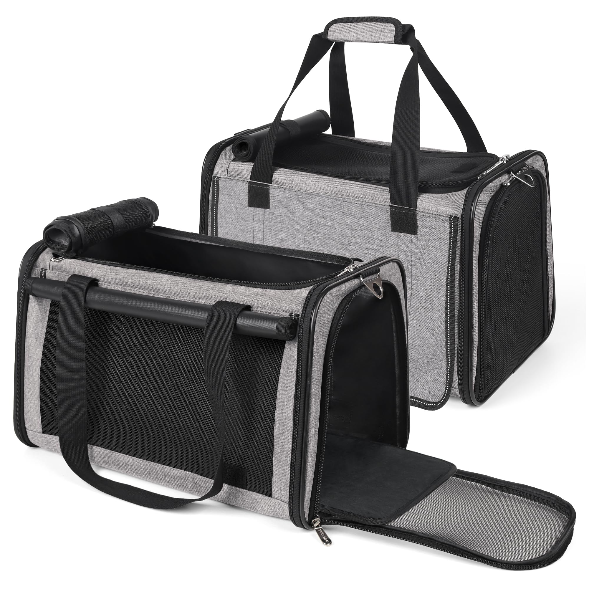 YUDODO cat carrier two-pack lightproof with side pockets keeps essentials organized during travel.