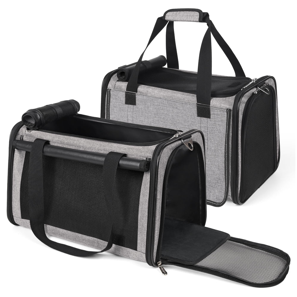 YUDODO cat carrier two-pack lightproof with side pockets keeps essentials organized during travel.