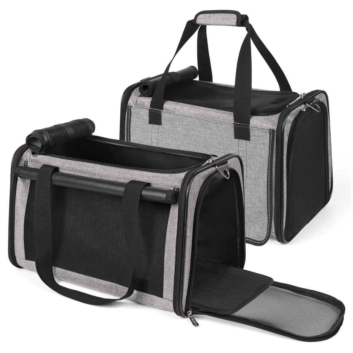 YUDODO cat carrier two-pack lightproof with side pockets keeps essentials organized during travel.