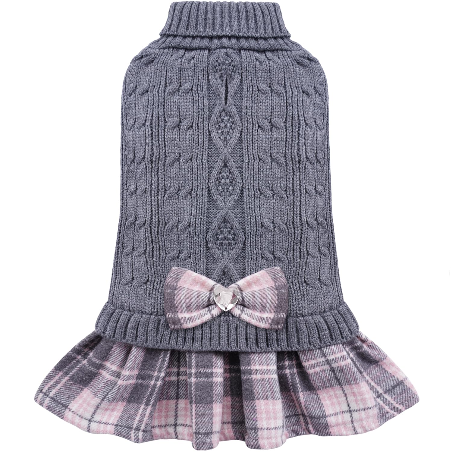 YUDODO dog sweater dress grey-pink close-up bowtie adds chic warmth for small dogs.