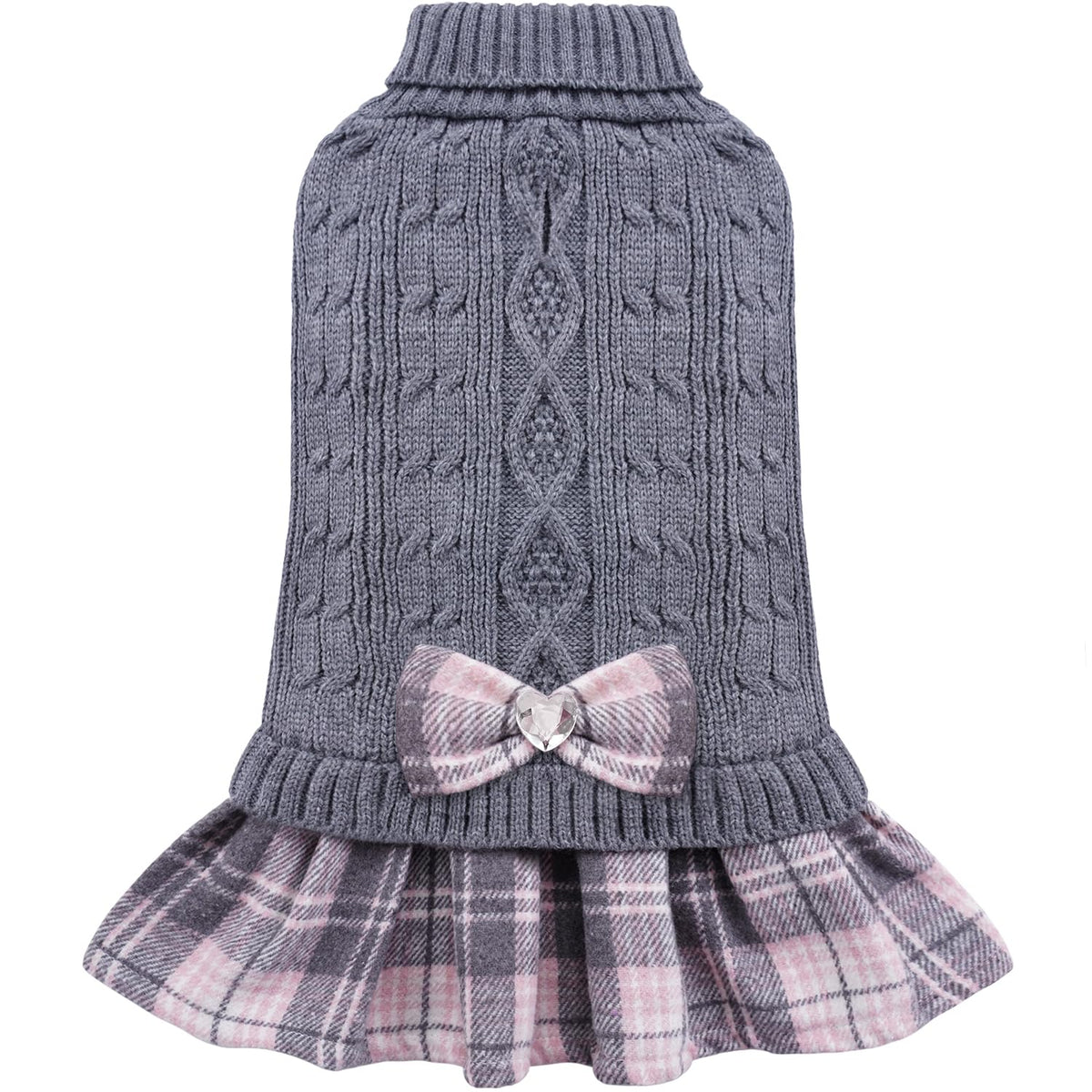 YUDODO dog sweater dress grey-pink close-up bowtie adds chic warmth for small dogs.