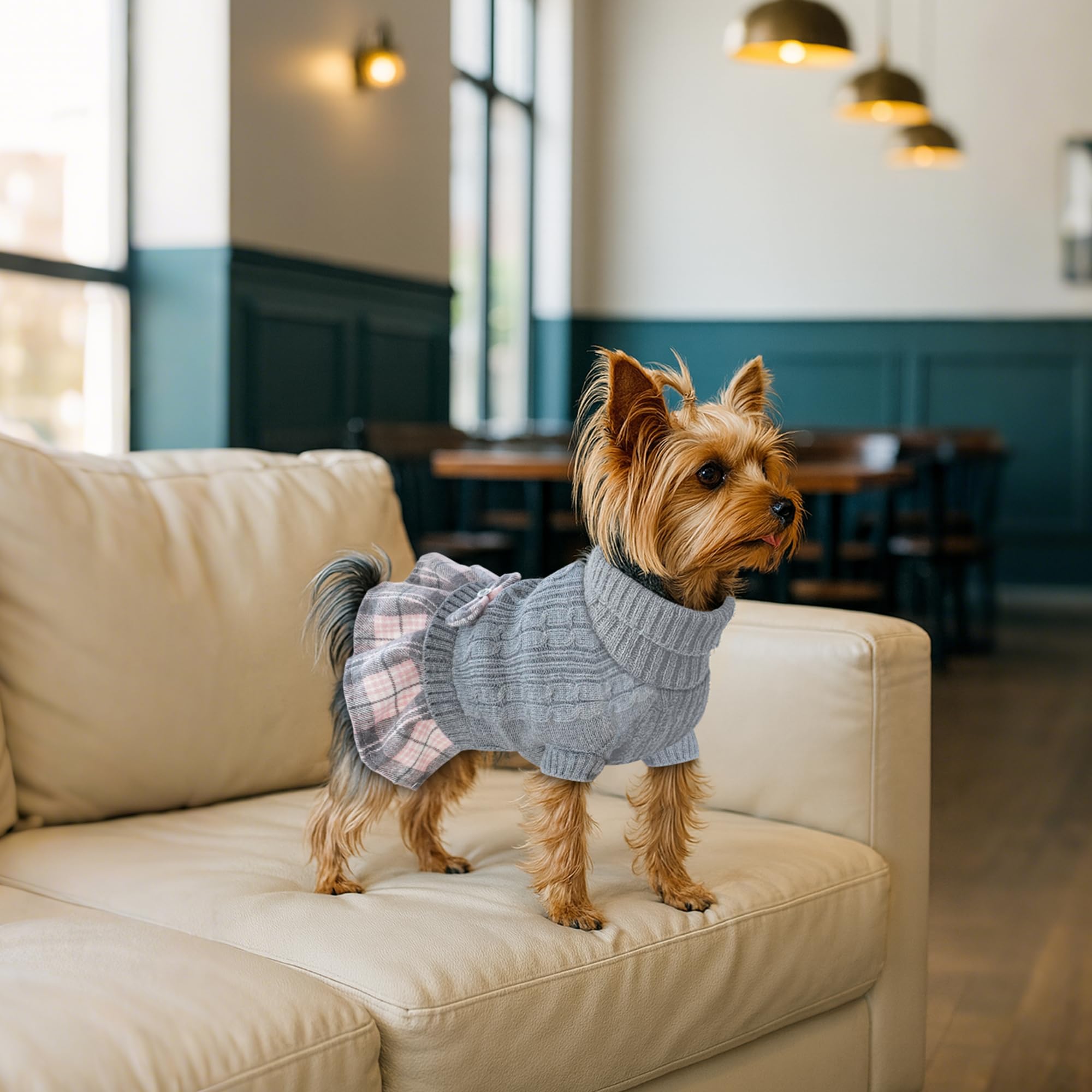 YUDODO grey-pink knitwear shown on chihuahua or yorkie for cute everyday style.