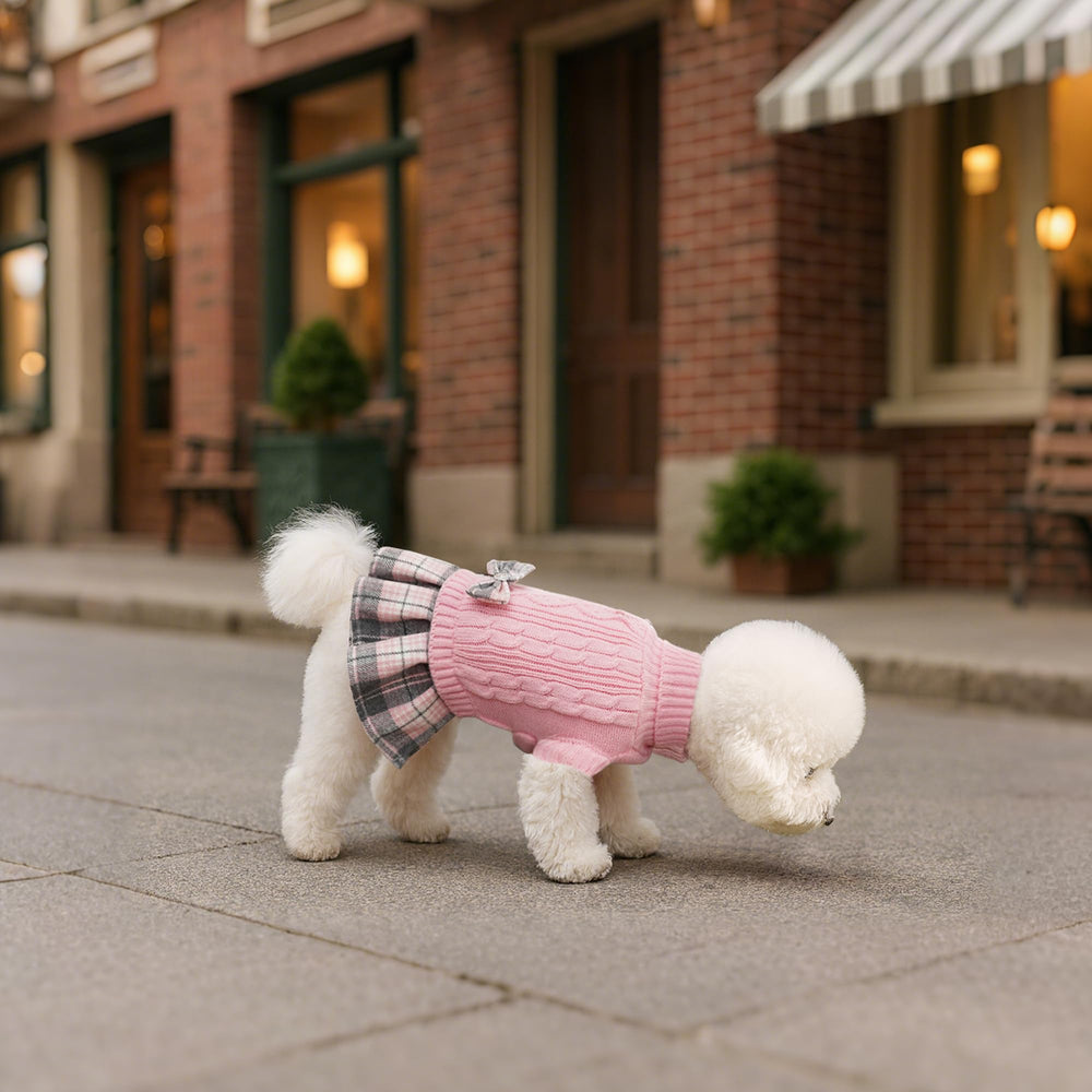 YUDODO pink sweater dress on dog wearing demonstrates easy on/off and movement