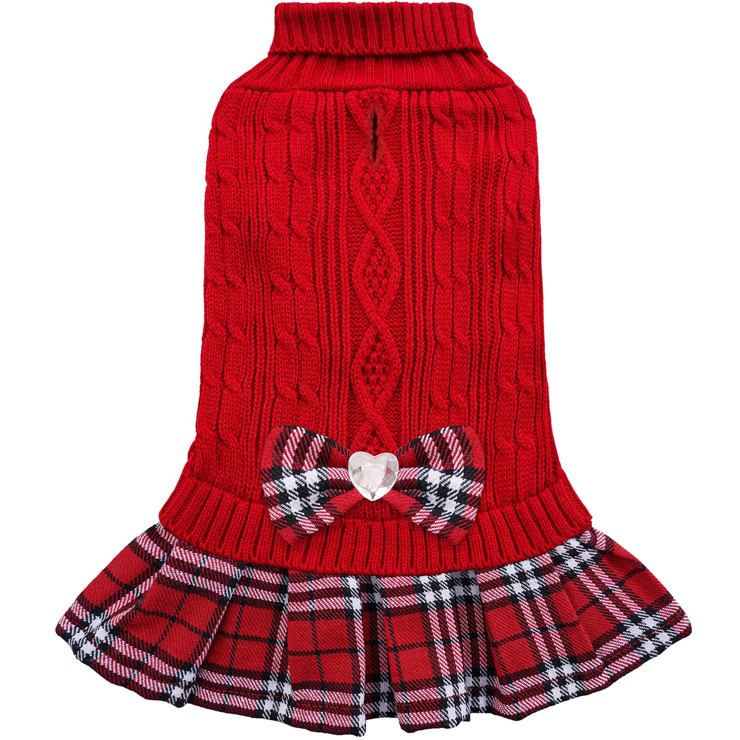 YUDODO dog sweater dress with plaid hem and rhinestone bow.