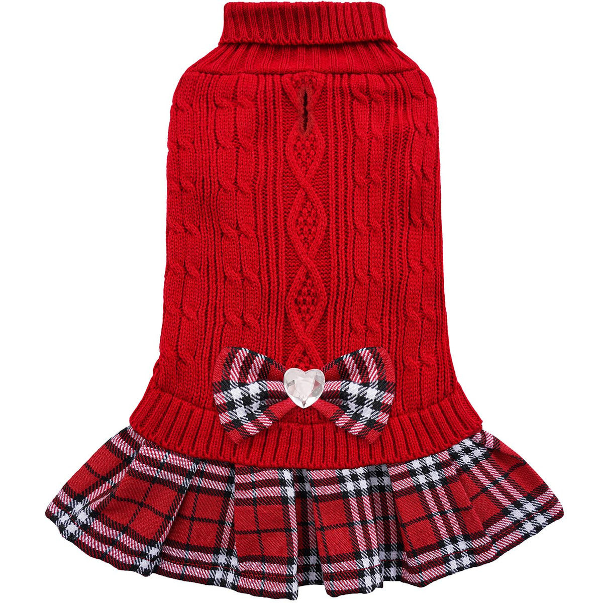 YUDODO dog sweater dress in red plaid hem with bow, adds cute warmth for outings.