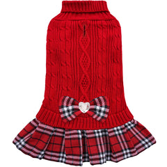 YUDODO dog sweater dress in red plaid hem with bow, adds cute warmth for outings.