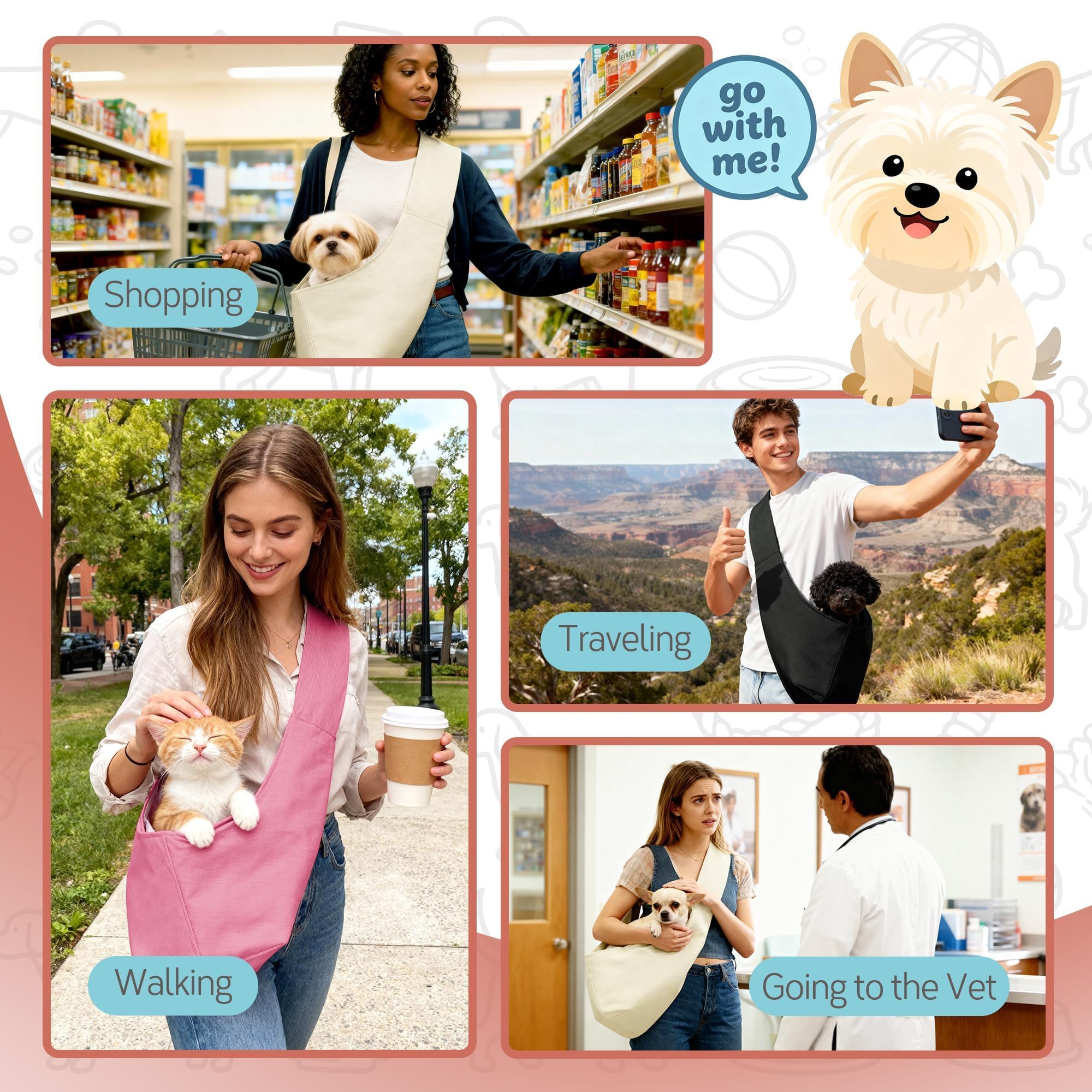 YUDODO dog sling with safety strap during travel or shopping trips.