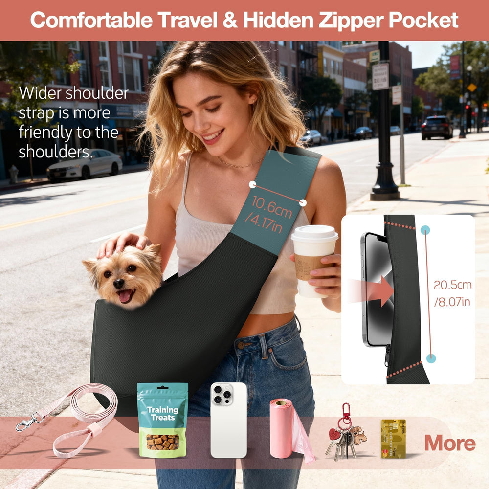 YUDODO dog sling on a model highlights comfortable breathable fabric during daily wear.