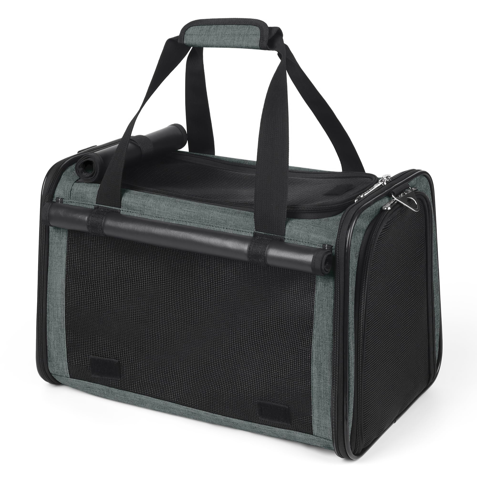 YUDODO lightproof soft-sided pet carrier in grey-green, front view for travel comfort.