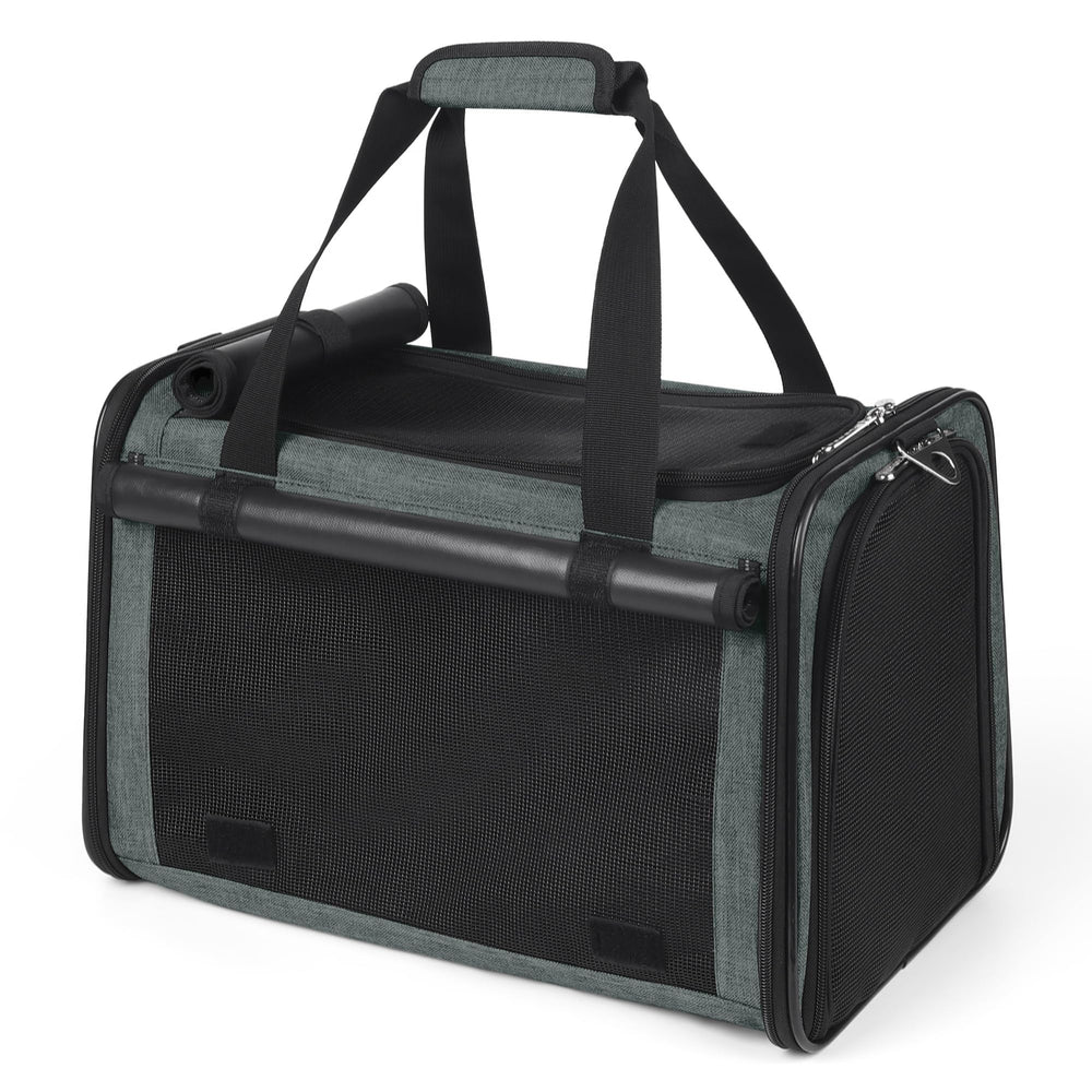 YUDODO lightproof soft-sided pet carrier in grey-green, front view for travel comfort.