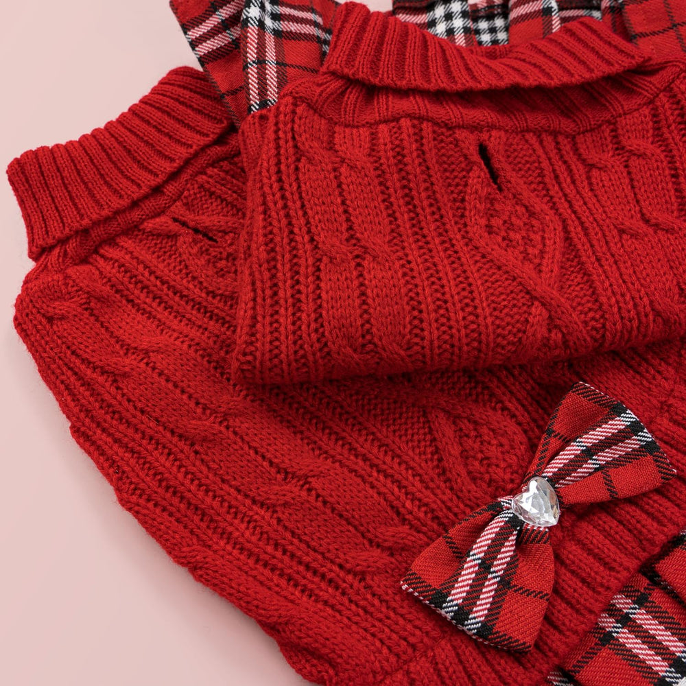 YUDODO model dog wearing red sweater dress showcases festive style for small pets