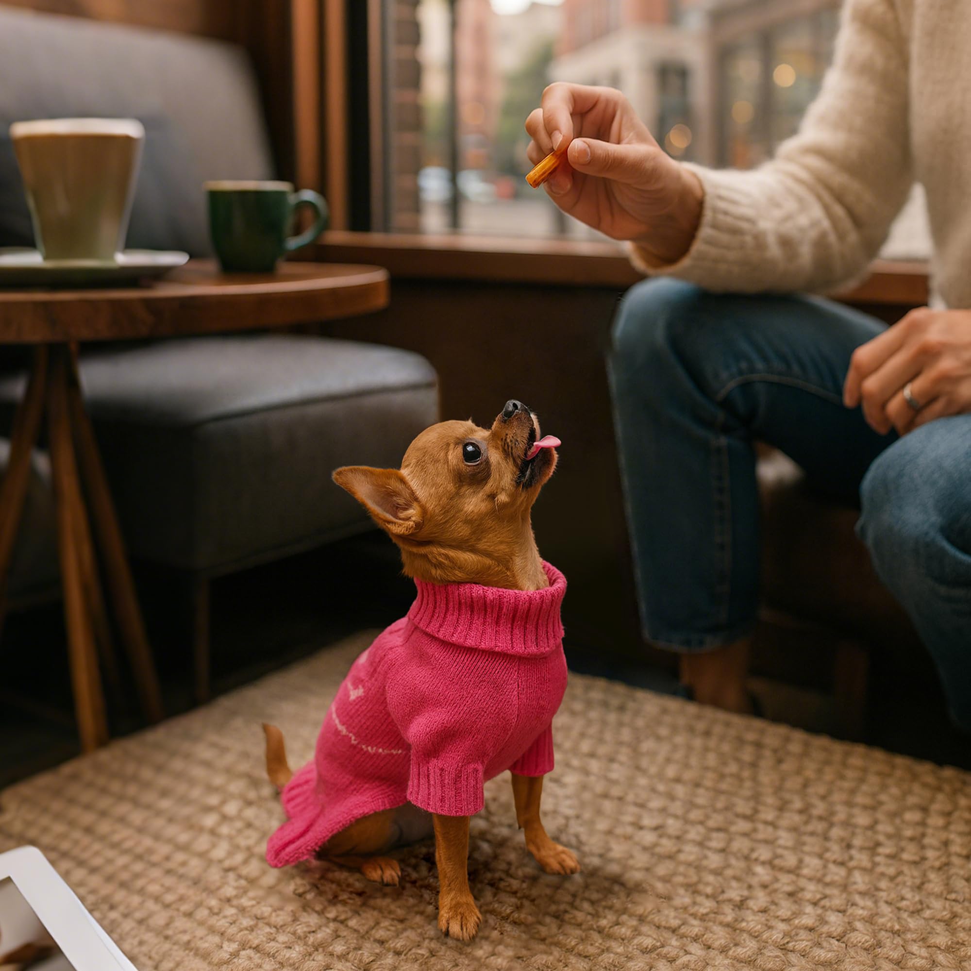 YUDODO rose-pink color on a small-dog model evokes cuddly seasonal vibes