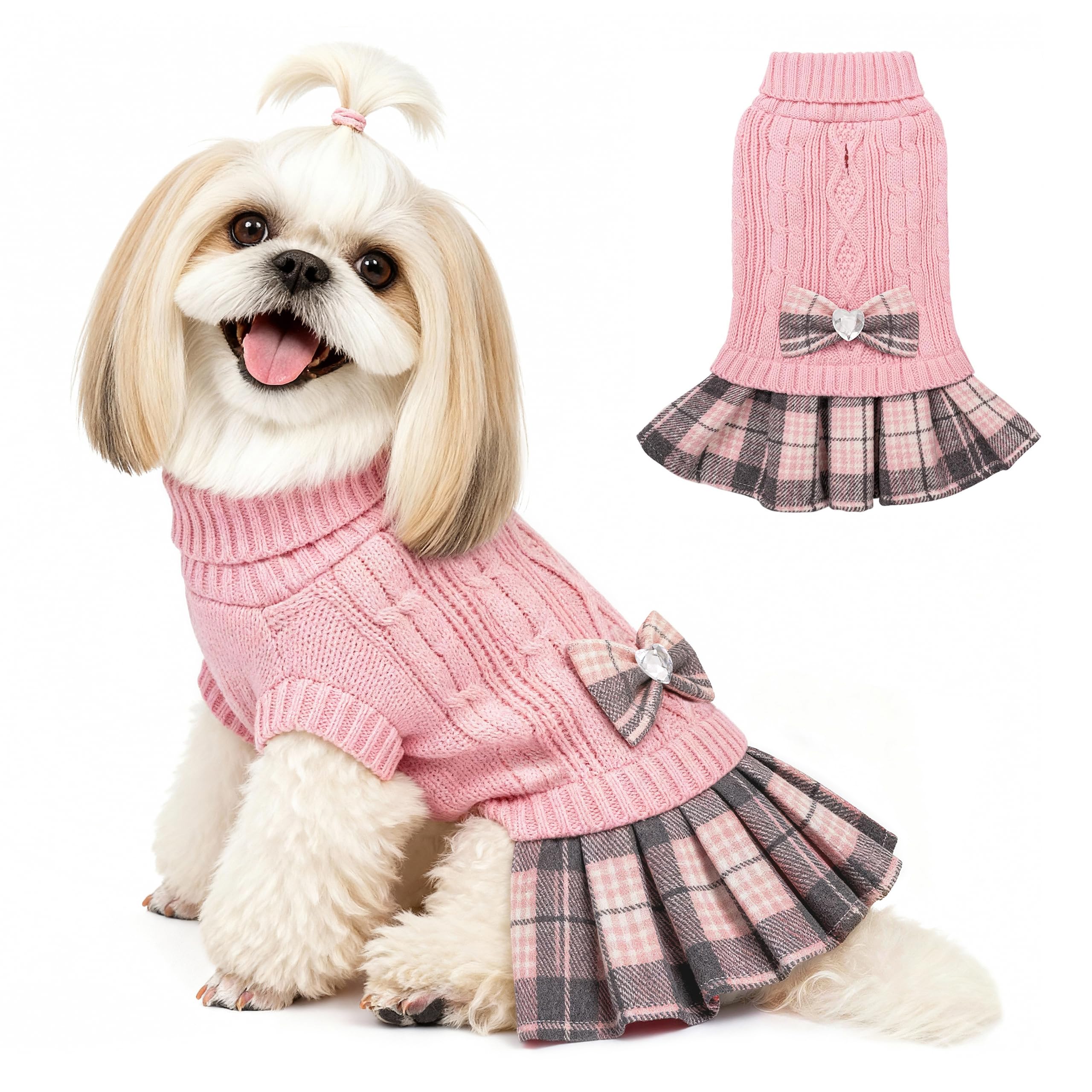 YUDODO small dog sweater dress with bowtie pink front view for cozy winter style.