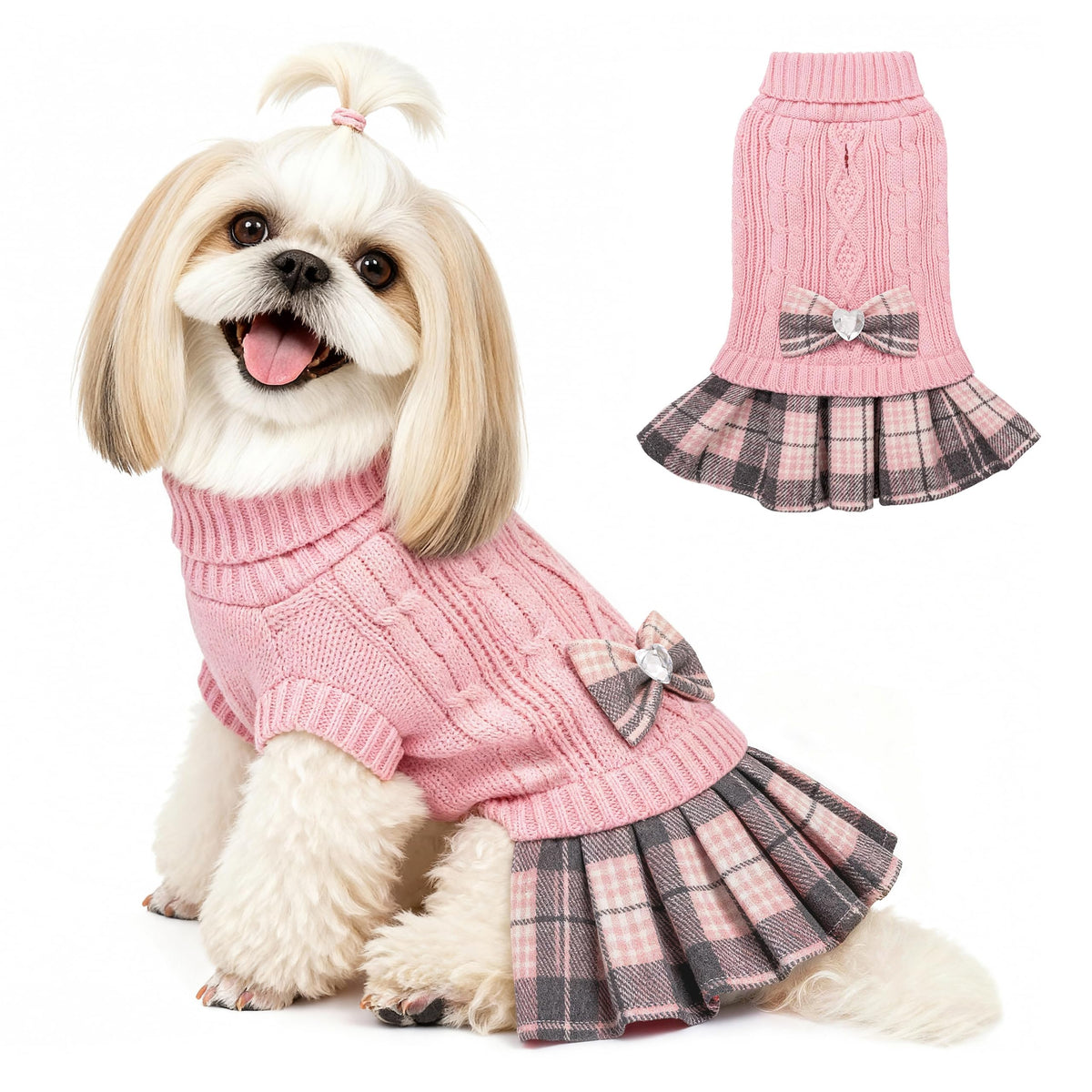 YUDODO small dog sweater dress with bowtie pink front view for cozy winter style.