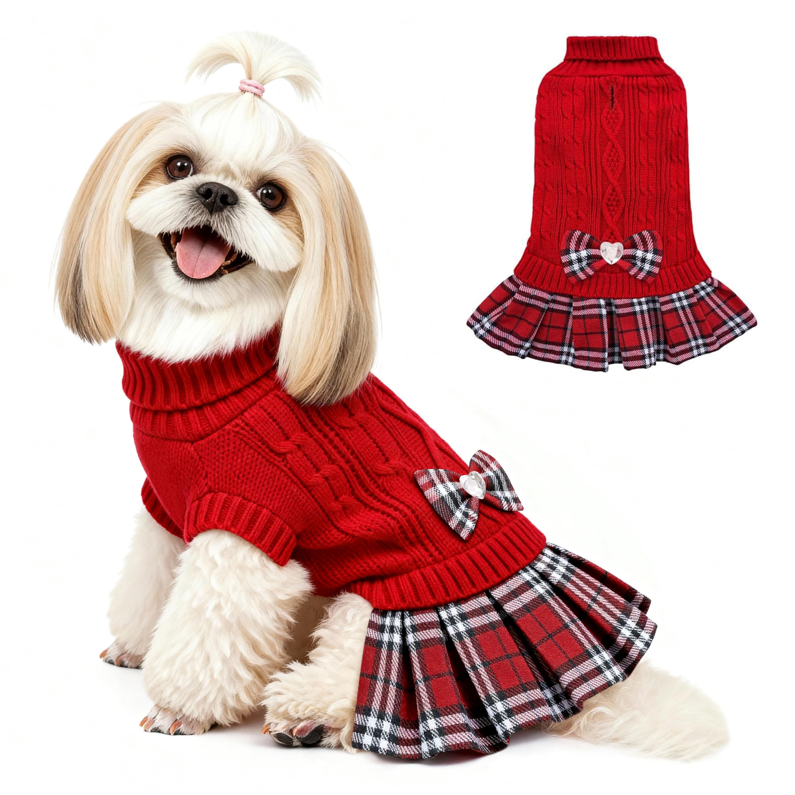 YUDODO small dog sweater dress with bowtie in red, front view for festive warmth