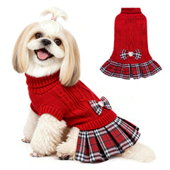 YUDODO small dog sweater dress with bowtie in red, front view for festive warmth