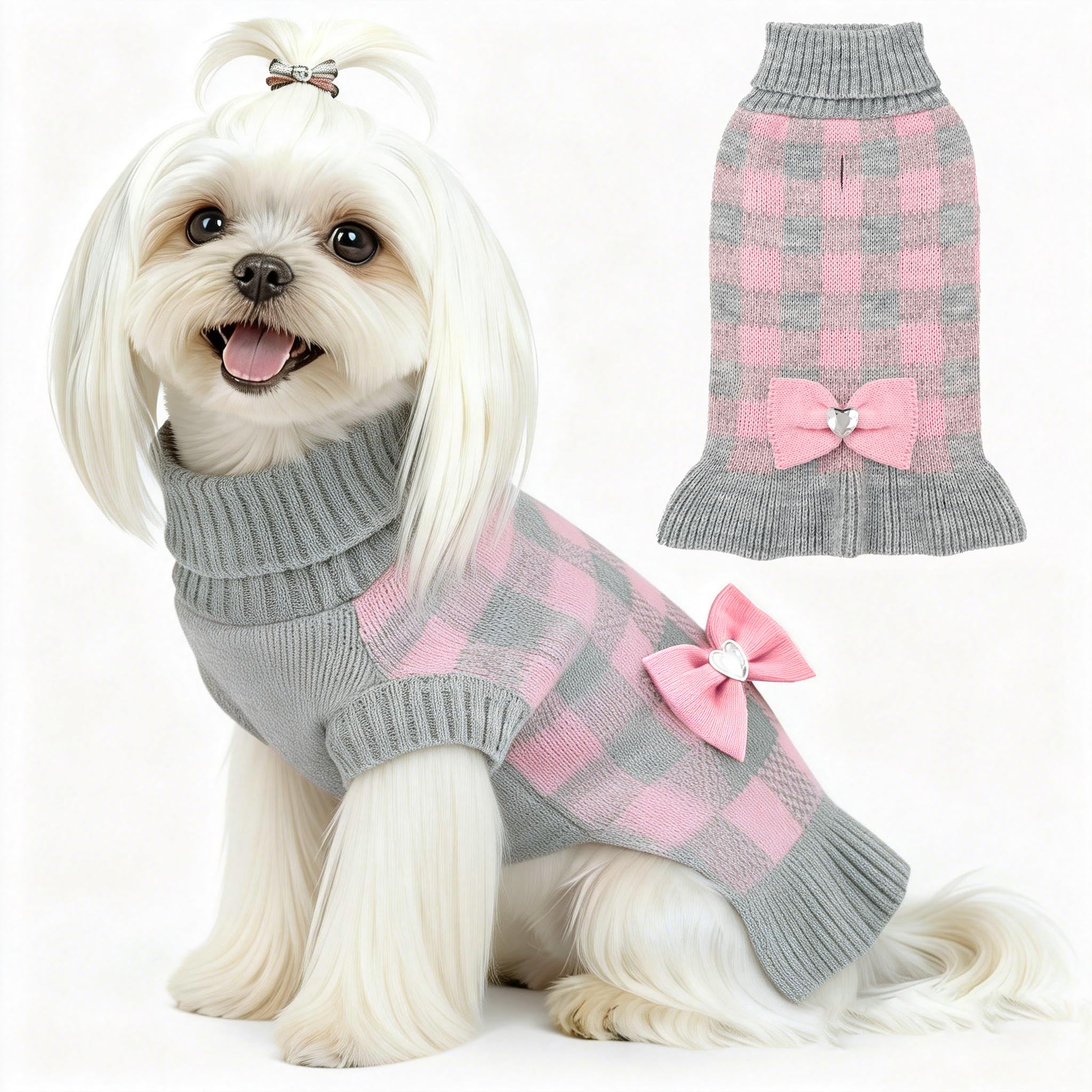 YUDODO small dog sweater with plaid bowtie in pink for cozy warmth.