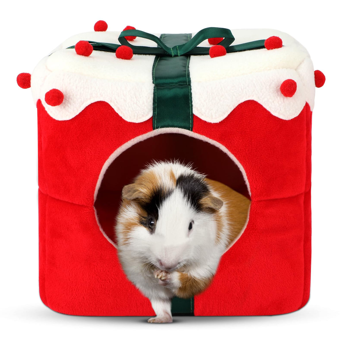 YUEPET Christmas Guinea Pig Hideout closeup reveals soft fabric for cozy naps.