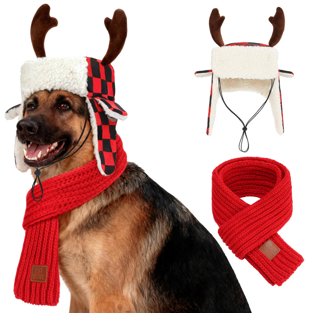 YUEPET dog Christmas antler hat with standing antlers, ideal for festive photos.