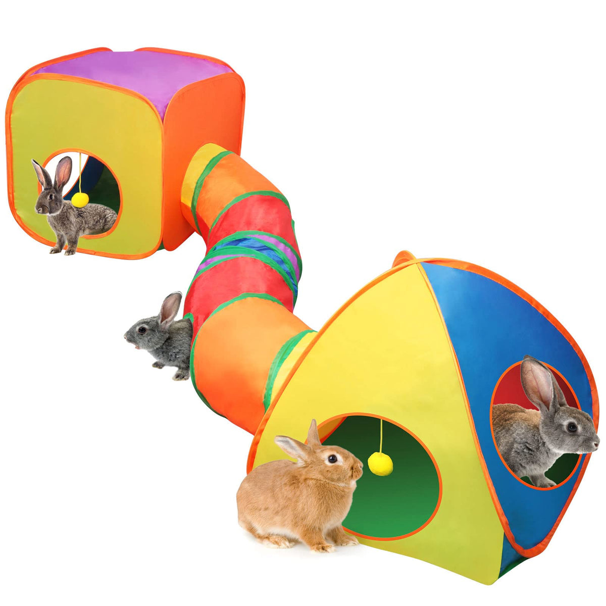 YUEPET rabbit tunnel collapsible setup demonstrates easy assembly for indoor play spaces