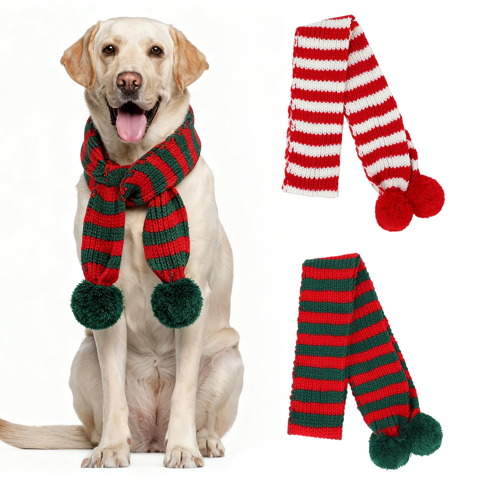 YUEPET striped knitted dog Christmas scarf in red and green with pompoms for festive warmth.