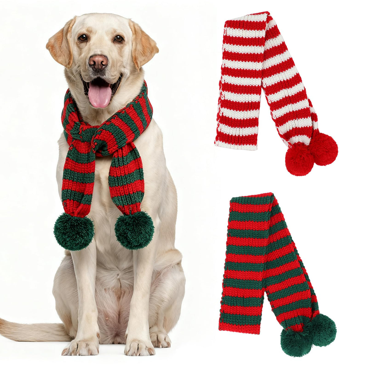 YUEPET striped knitted dog Christmas scarf in red and green with pompoms for festive warmth.