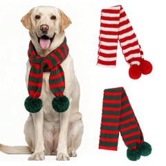 YUEPET striped knitted dog Christmas scarf in red and green with pompoms for festive warmth.