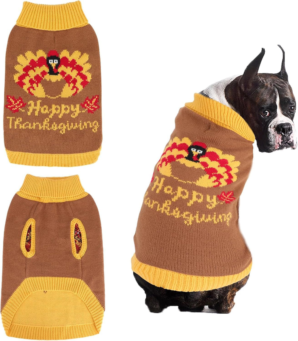 YUEPET Thanksgiving dog sweater with turkey pattern offers cozy warmth for autumn outings.