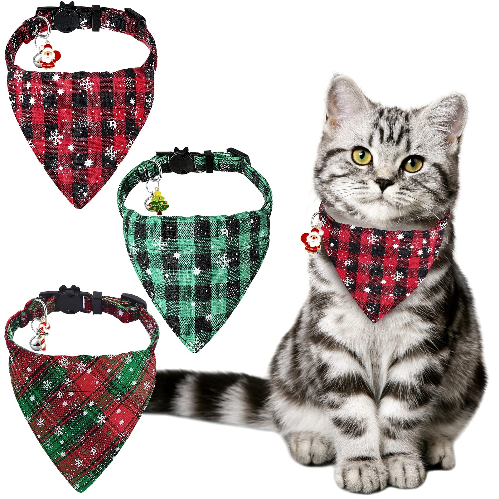 YUJUN cat-bandana-collar plaid snowflake pattern for festive holiday photos
