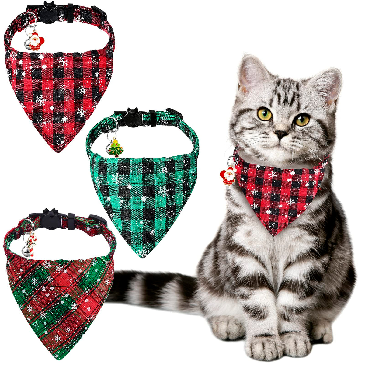 YUJUN cat-bandana-collar plaid snowflake pattern for festive holiday photos