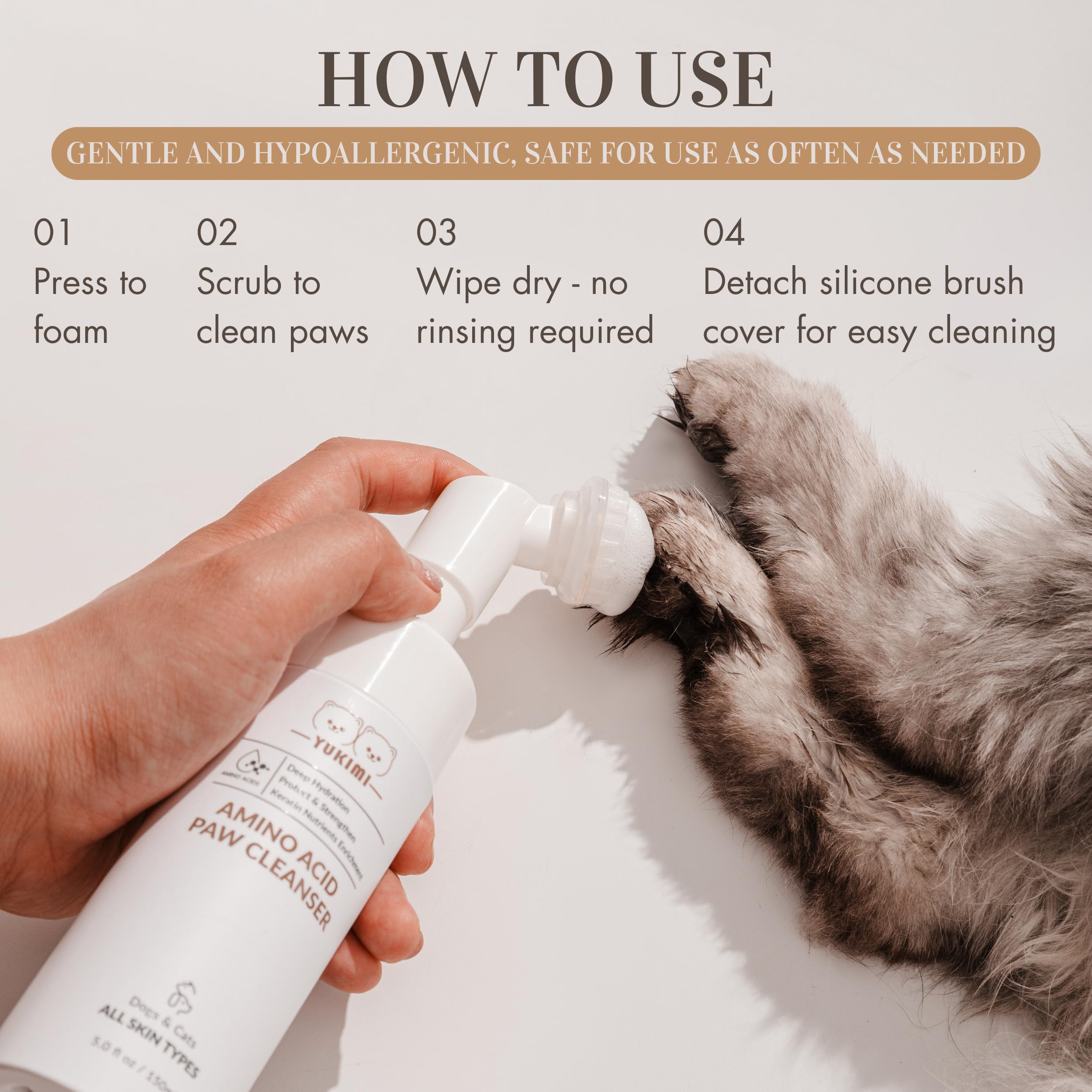 YUKIMI Premium Paw Cleanser being applied to a cat's paw for gentle care