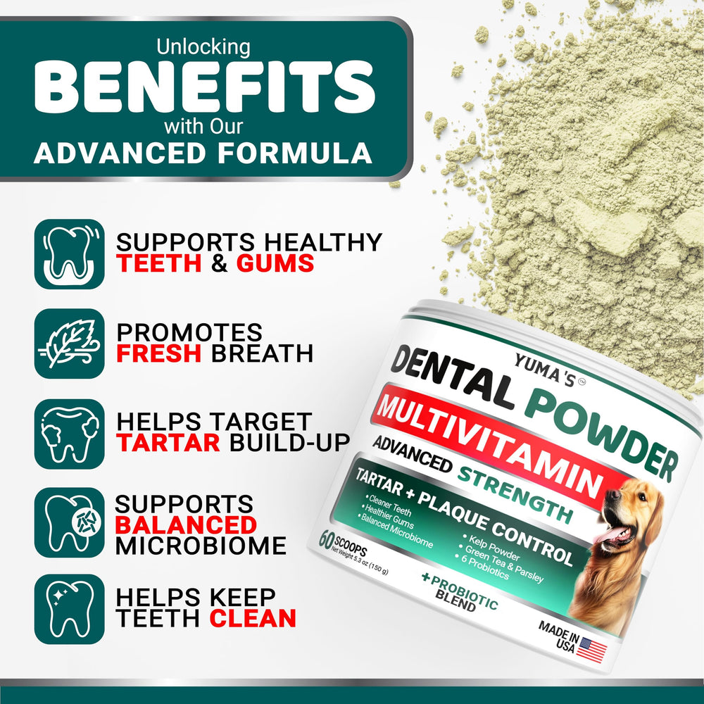 YUMA'S Advanced Dog Dental Powder shown on food for simple daily care