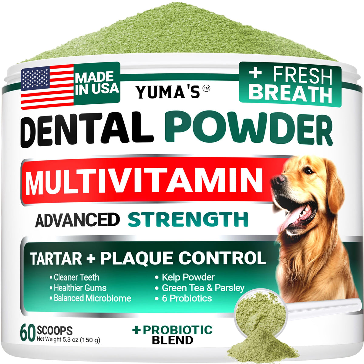 YUMA'S Advanced Dog Dental Powder tub closeup highlights tartar control for a fresher breath