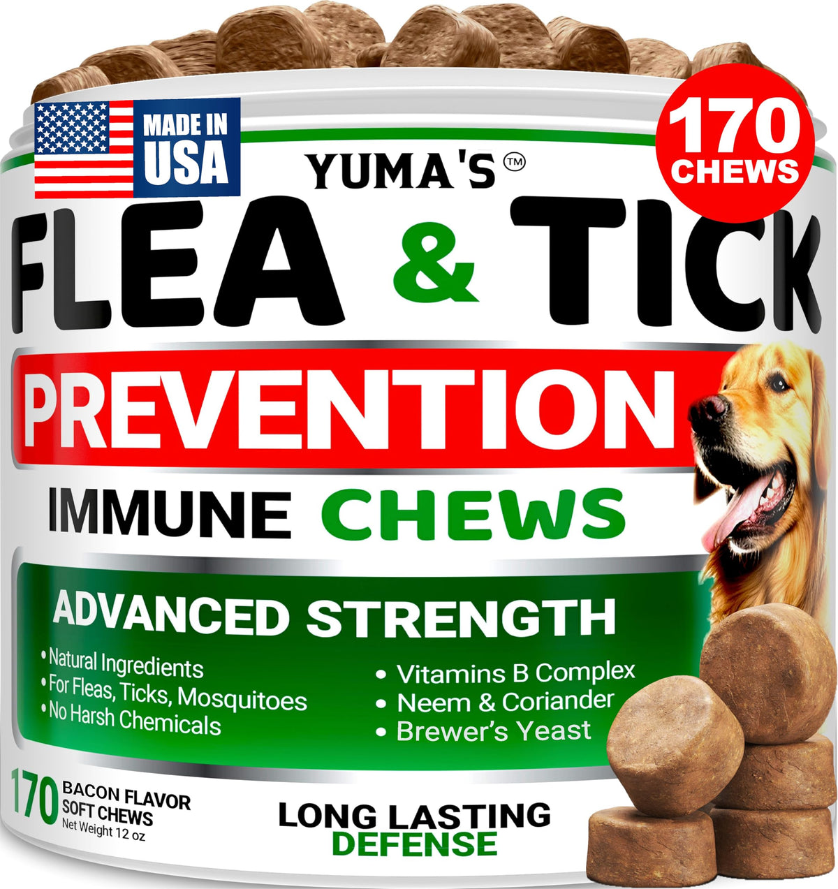 YUMA'S bacon-flavor flea and tick dog chews in a bag provide proactive pest protection.