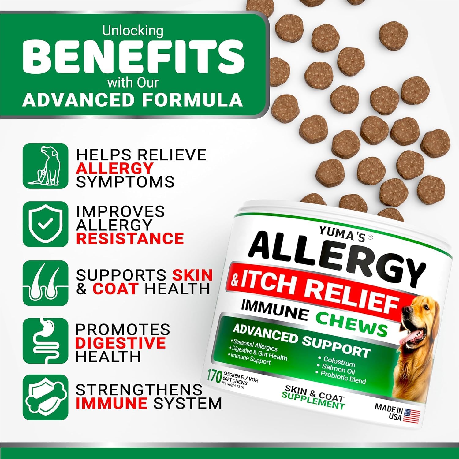 YUMA'S Dog Allergy Chews bottle closeup highlighting omega-3 for skin and coat health