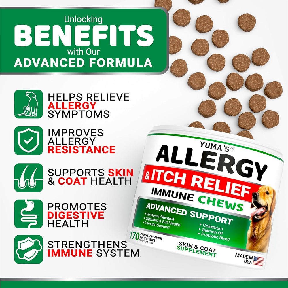 YUMA'S Dog Allergy Chews bottle closeup highlighting omega-3 for skin and coat health
