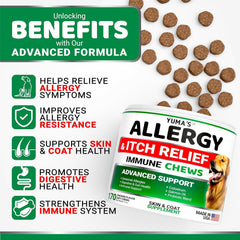YUMA'S Dog Allergy Chews bottle closeup highlighting omega-3 for skin and coat health