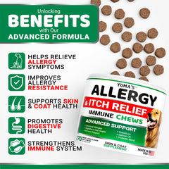 YUMA'S Dog Allergy Relief Chews bottle closeup highlights beef liver flavor and supplement quality