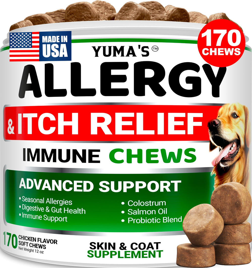 YUMA'S dog allergy relief chews bottle front for convenient daily use