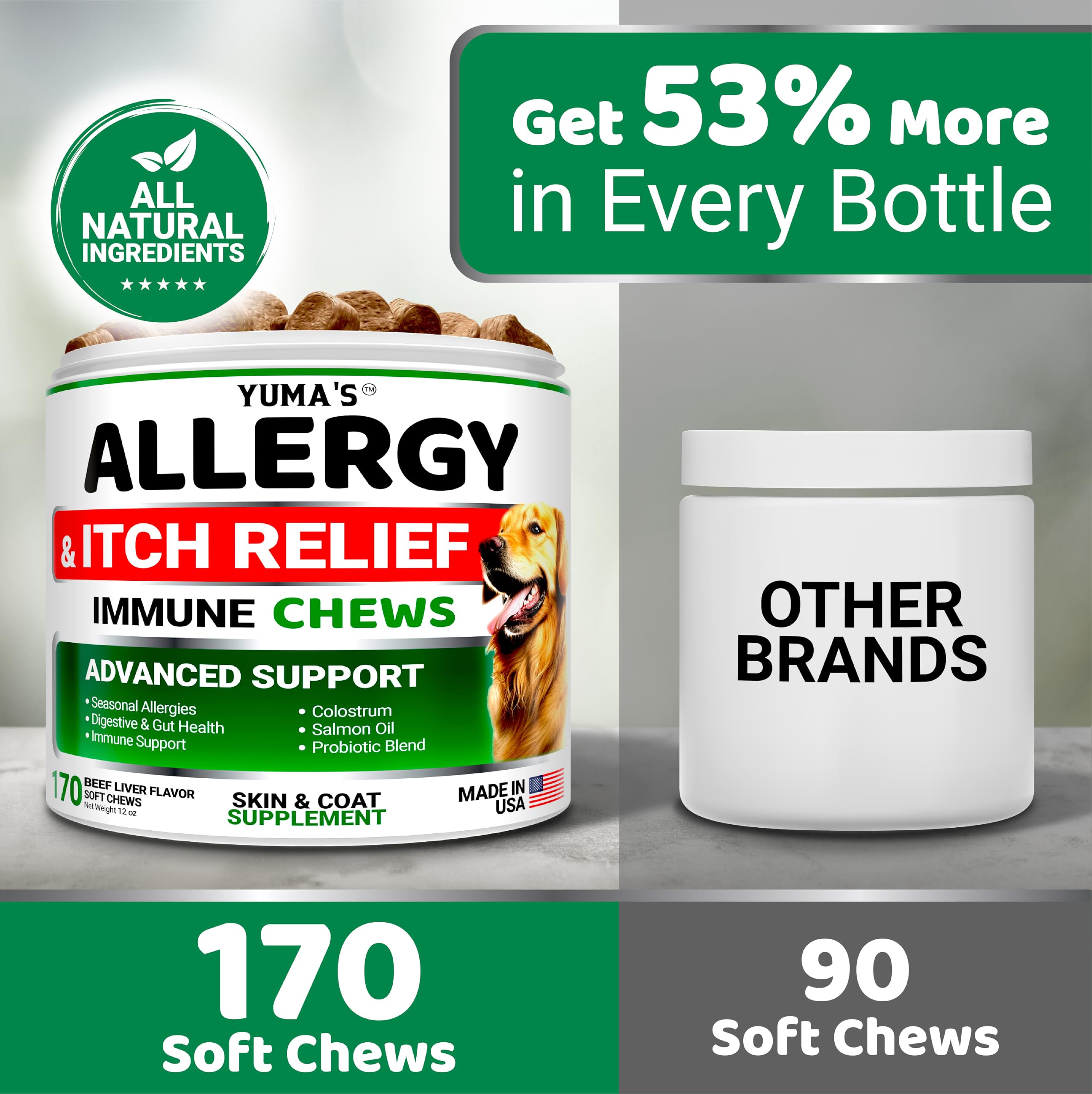 YUMA'S Dog Allergy Relief Chews dog-eating moment conveys palatable beef liver flavor