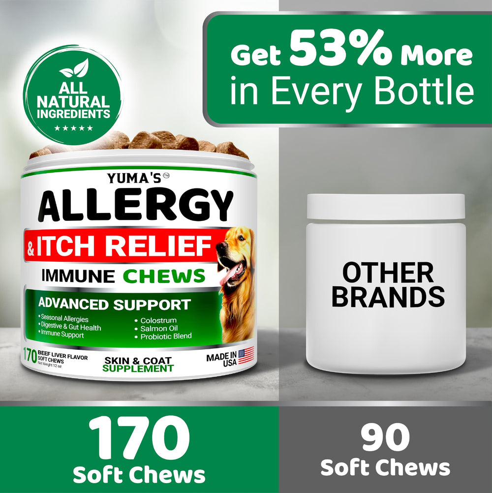 YUMA'S Dog Allergy Relief Chews dog-eating moment conveys palatable beef liver flavor